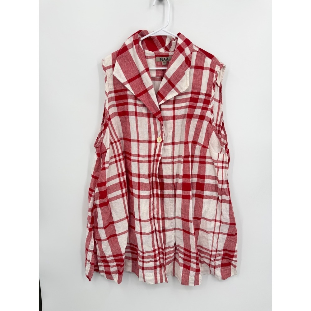 FLAX Plaid Linen Vest Women Size 1G Red White Sleeveless Button Pocket